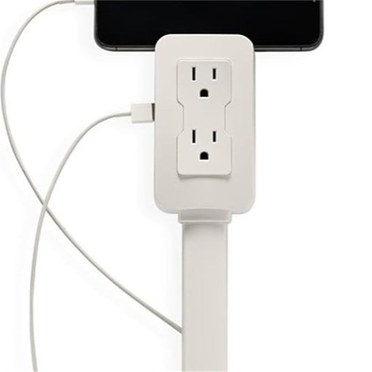 White power strip with multiple outlets and USB ports, connected to a smartphone.