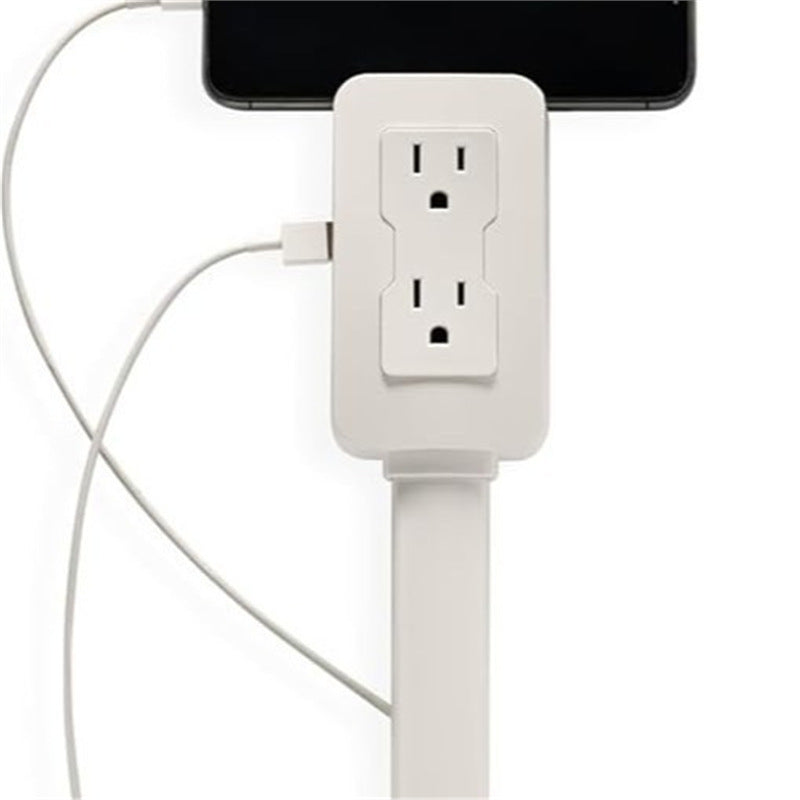 White power strip with multiple outlets and USB ports, connected to a smartphone.