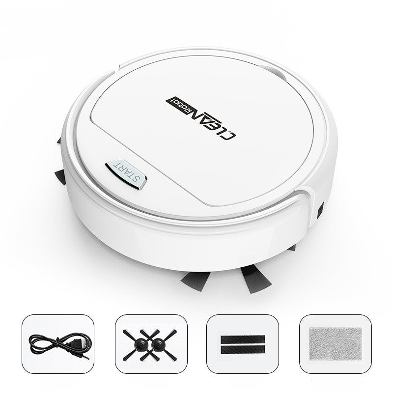White robot vacuum cleaner with icons below on a white background