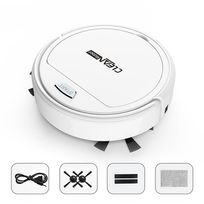 White robot vacuum cleaner with icons below on a white background