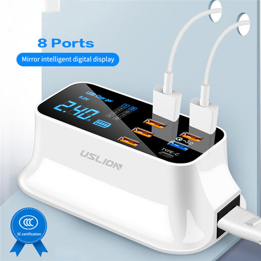 USLION 8-port USB charger with digital display on a light blue background